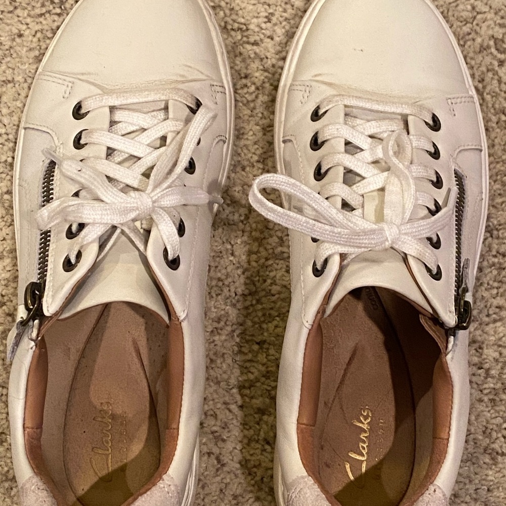 Clarks White Leather Lace-Up Sneakers with Side Zipper